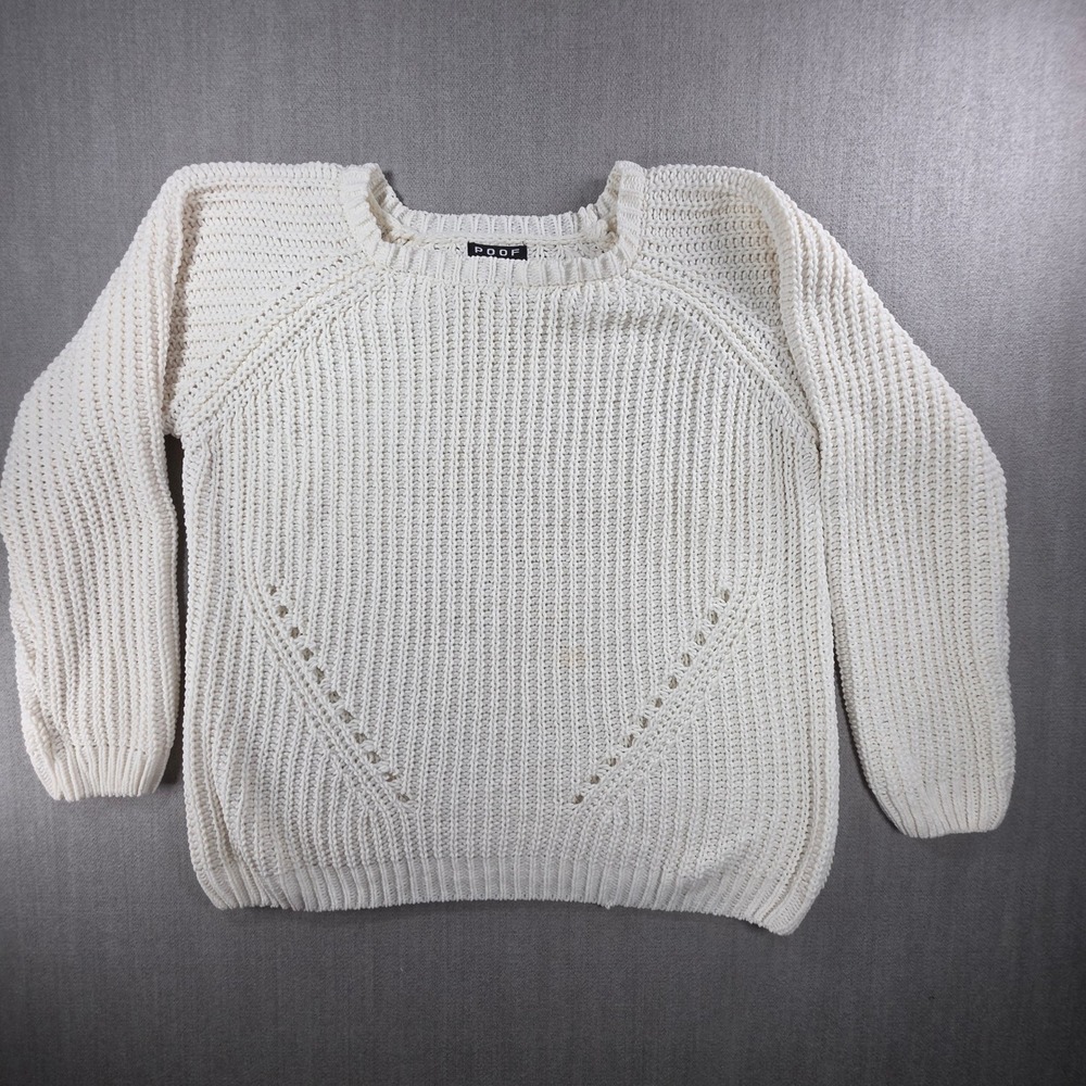 Poof Sweater Womens Large White Shaker Stitch Pointelle Raglan Knit Top